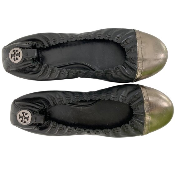 Tory Burch Abbey Black Leather Ballet Flats W/ Metallic Cap Toe Size 7.5 EUC - Picture 10 of 11
